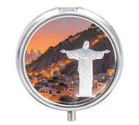 Rio Christ The Redeemer City pilldispenser with Mirror 3 Compartments Waterproof Pillcase for Purse Pocket Non-Slip Grip Travel Medicine Organizer Container Box for Vitamin Fish Oil Supplement
