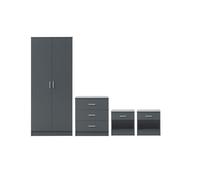 Rio Costa Modern Dark Grey 4-Piece Bedroom Set: 2-Door Wardrobe, 3-Drawer Chest & 2 Bedside Tables with Chrome Handles