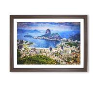 Rio De Janeiro Skyline in Brazil Painting Framed Print | A2 Walnut Framed Wall Art | Ready to Hang | Modern Cityscape Picture | Living Room Bedroom Lounge Office
