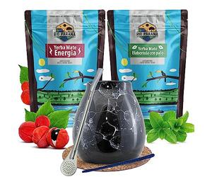 Rio Parana Yerba Mate Set 2 x 500g with Accessories | Yerba Mate Tea Cup Set with Drinking Straw | Traditional Smoked Yerba Mate with Guarana | Argentinian Yerba Mate with Dust - Natural Caffeine