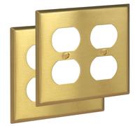Rio Salto BRASS Metal Gold Double Duplex Receptacle Wall Plate Light Switch Cover Wall Plate Dual Duplex Receptacle Metal Wallplate Covers Double Gang Brushed Brass 2 Gang (2-Pack) STANDARD SIZE