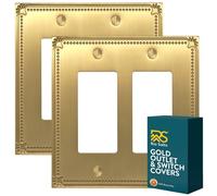 Rio Salto Sunken Pearls Brushed Brass Gold Metal Metal Double Rocker Decora Decorator Double Light Switch Outlet Cover Wall Plate Receptacle Beaded Wallplate (2-Gang Rocker)