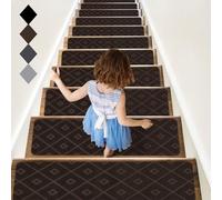 RIOLAND Non-Slip Carpet Stair Treads for Wooden Steps, 15 Pack Indoor Stair Runner with Reusable Adhesive Modern Anti Moving Safety Stair Rugs for Kids Dogs & Elders, 8" X 30", Rhombus Brown