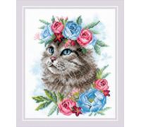 Riolis Counted Cross Stitch Kit Cat in Flowers 6" x 7" (14 Count)