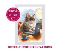 RIOLIS Counted Cross Stitch Kit 2263 Writer of Meowmoirs. Gray Fluffy Cat