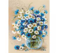 RIOLIS 2249 Daisies and Cornflowers Counted Cross Stitch Kit 9.5 x 11.75 in | Floral design, 14 ct beige Zweigart Aida, 25 wool/acrylic colors, intermediate level, chart & needle included