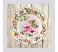 Riolis Plate with Pink Poppy Satin Stitch Tapestry Satin Table Runner, Cotton, multicolour, 21 x 21 x 0.1 cm