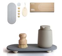 RIOMZY Instant Dry Sink Caddy Organizer - Water Absorbing Stone Tray for Kitchen Bathroom Countertop, Fast Drying Sink Caddy (with Wooden Feet and Natural Loofah, Gray)