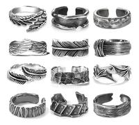 RIOSO 12Pcs Vintage Rings for Men Cool Adjustable Angel Wings Ring Goth Punk Open Ring Set