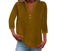 riou Ladies Tops 2026 Women's Summer Cotton Linen Cap Sleeve 3/4 T-Shirt Button V Neck Tunic Tops Fashion Baggy Solid Plain Casual Shirts Trendy Blouse