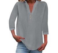 riou Ladies Tops 2026 Women's Summer Cotton Linen Cap Sleeve 3/4 T-Shirt Button V Neck Tunic Tops Fashion Baggy Solid Plain Casual Shirts Trendy Blouse