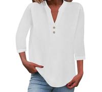 riou Ladies Tops 2026 Women's Summer Cotton Linen Cap Sleeve 3/4 T-Shirt Button V Neck Tunic Tops Fashion Baggy Solid Plain Casual Shirts Trendy Blouse