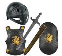 Riouwal Knight Costume for Boys, Halloween Dragon-Themed Kids Armor Set, Knight Outfit with Helmet, Shield & Sword, Black