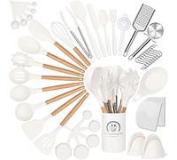 RIOVARM non-stick silicone kitchen utensils set, kitchen utensils set with holder, pizza knife, silicone whisk, spatula, measuring cup and spoon, kitchen utensils set