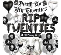 Rip 20s Birthday Decorations - Black and Silver Death to My Twenties Banner Sash Cake Topper Letter Heart Star Number Balloons for Men Women Halloween Goth Themed 30th Birthday Party Supplies