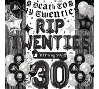 Rip 20s Birthday Decorations - Death to My 20s Decorations Set Includes Banner Tinsel Curtains Sash Confetti Latex Letters Star Number Balloons for Men Women Goth Themed 30th Birthday Party Supplies
