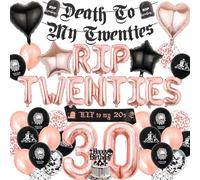 Rip 20s Birthday Decorations - Rose Gold Death to My Twenties Banner Sash Cake Topper Letter Heart Star Number Balloons for Women Halloween Goth Themed 30th Birthday Party Supplies