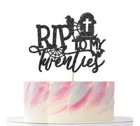 RIP to My 20's Cake Topper, Black Glitter 21st Birthday Cake Decoration for Women/Men Funeral Themed Happy 30th Birthday Party Decorations Supplies