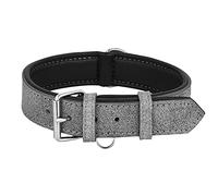Riparo K-9 dog collar, padded, genuine leather, adjustable, heavy duty, (L: 3.8 cm wide for 45.7-53.3 cm neck, grey/white thread)