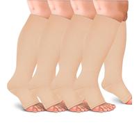 RIPBIG 4 Pairs Open Toe Plus Size Compression Socks for Women and Men Wide Calf Extra Large for Circulation Support, Nude, L-XL
