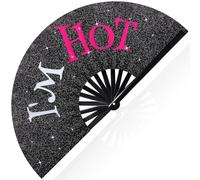 Ripeng 13'' Large Folding Fans for Line Dancing Glitter Large Rave Hand Fan Boots on the Ground Clack Rave Fan for Women with Leg Strap and Fabric Case Bag for Edm Music Party Decor(Black,I'm Hot)