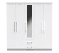 Welcome Furniture Ready Assembled York Tall 5 Door 2 Drawer 1 Mirror Wardrobe In White Ash, White