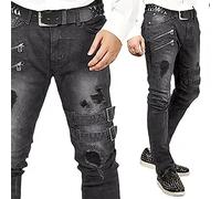 Ripped Jeans for Men - Heavy Duty Denim Wash - Slim Biker Jeans - Zipper Deco Buckle Strap Jeans - Hip Hop Gothic Punk Jeans Trousers - Tapered Leg Denim Pant - Motorbike Motorcycle Trouser