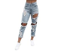 Ripped Jeans Womens High Waisted Cut Out Ripped Jeans Casual Straight Leg Torn Hem Denim Pants Trousers with Pockets Summer Pants Plus Size UK