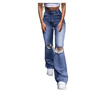 Ripped Mom Jeans Womens High Waisted Plus Size Slim Fit Straight Wide Leg Palazzo Bell Bottom Bootcut Flared Jeans with Pokcet Dark Blue