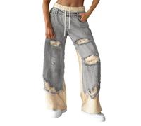 Ripped Patchwork Denim Trousers for Women UK Comfortable Elastic Waisted Drawstring Jeans Baggy Wide Leg Straight Leg Mom Pants Trendy Stitching Streetwear Jean Grey