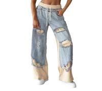 Ripped Patchwork Denim Trousers for Women UK Comfortable Elastic Waisted Drawstring Jeans Baggy Wide Leg Straight Leg Mom Pants Trendy Stitching Streetwear Jean Light Blue
