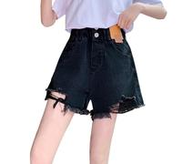 Ripped R w He Denim Shorts for Girls, Y2K Stretchy Jeans Shorts with Pockets, Casual Loose Fit Summer Short Jean (Black, 10-11 Years)