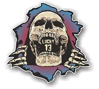 Ripped Torn Gothic Skull Breaking Through Design LUCKY 13 Slogan Vinyl Car Sticker 120x115mm
