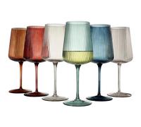 Ripple Colored Wine Glasses - Set of 6 Ribbed Crystal Fluted Big Long Stemmed Glasses Gift Hosting, Wife, Mom Friend - Large 19 oz Glass, Italian Style Tall Drinkware, Vintage Style Drinking Glassware