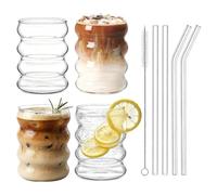 Ripple Glass Cups, 300ML Bubble Water Drinking Glasses, Heat-Resistant Glasses with Glass Straws, Cappuccino Latte Macchiato Coffee Cup, Suitable for Coffee, Tea, Juice, Cocktails (4PCS-Transparent)