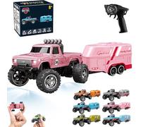 RipRush Mini Monster 1:64 Off-Road LED Alloy Racer,24GHz Mini RC Monster Truck with Trailer&Light,3-Speed Modes/Gyro RC Car,1:64 Scale Alloy RC Big Wheel Truck,USB Rechargeable for Adults Kids (B2)