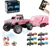 RipRush Mini Monster 1:64 Off-Road LED Alloy Racer,24GHz Mini RC Monster Truck with Trailer&Light,3-Speed Modes/Gyro RC Car,1:64 Scale Alloy RC Big Wheel Truck,USB Rechargeable for Adults Kids (A2)