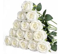 Riqiaqia 15PCS Artificial Flowers Fake Roses, Silk Artificial Ivory White Roses with Stems Realistic Bouquets for Wedding Centerpiece Valentines Day Decorations Home Decor Party Crafts DIY