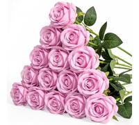 Riqiaqia 15PCS Artificial Flowers Fake Roses, Silk Artificial Pink Roses with Stems Realistic Bouquets for Wedding Centerpiece Valentines Day Decorations Home Decor Party Crafts DIY