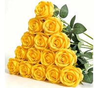 Riqiaqia 15PCS Artificial Flowers Fake Roses, Silk Artificial Yellow Roses with Stems Realistic Bouquets for Autumn Wedding Birthday Party Decorations Home Decor Party Crafts DIY