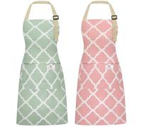 Riqiaqia 2 Pieces Aprons for Women with Pockets, Cotton Linen Waterproof Kitchen Cooking Aprons, Chef Apronfor Men Women with Adjustable Neck Strap and Long Ties(Pink/Green)