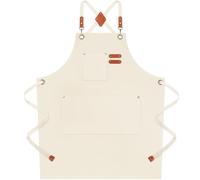 Riqiaqia White Chef Apron for Men Women, Water-Resistant Cotton Canvas Cross Back Aprons with Adjustable Strap and Large Pockets for Kitchen Cooking Baking Artist Painting