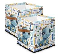 RIRIXING Personalised Kids Storage Basket - Custom Name Fabric Toy Organiser Box, Foldable Canvas Bin for Baby Clothes, Books, Laundry, Nursery & Bedroom Decoration 2Pack | Dinosaur Blue Yellow