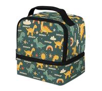 RIRIXING Personalised Lunch Box for Boys Girls - Dinosaur Text Green Insulated Lunch Bag for Kids, Double-Decker School Lunchboxes with Custom Name (20x15x21cm)