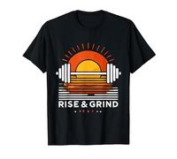 Rise & Grind Motivational Sunrise Design T-Shirt, Men, Black, Large