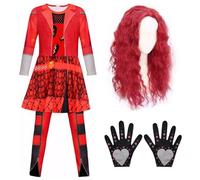 Rise Of Red Costume for Girls, Red Hero Costume Set with Long Sleeve Jumpsuit, Wig and Gloves, Kids Halloween Fancy Dress Up for Girls 5-10 Years, School Play and Role Play Outfit