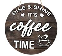 Rise & Shine It's Coffee Time Round Wooden Hanging Sign for Home Office Wall Art Decor Door Hanger Gift 8×8 Inches