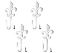 RiseDirectly 4 Pack Bronze Fleur De Lis Wall Hooks, Heavy-Duty Decorative Metal Hooks for Coat Towel Curtain Tiebacks Robe Bag, French Country Style for Bathroom Bedroom Entryway Home Decor(White)