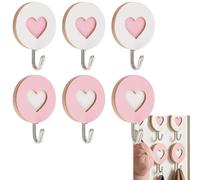 RiseDirectly 6 Pack Wooden Heart Self-Adhesive Wall Hooks | Pink & White Removable Steel Sticky Hooks for Rental Homes, Bathrooms, Dormitories & Hotel Interior Décor