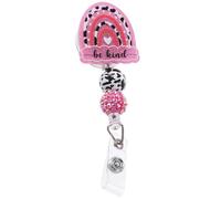 Risedot Pink Rainbow Badge Reel Holder, with ID Clip, Cute Be Kind Cow Beads Badge Holder, for Office,Nurse, Doctor
